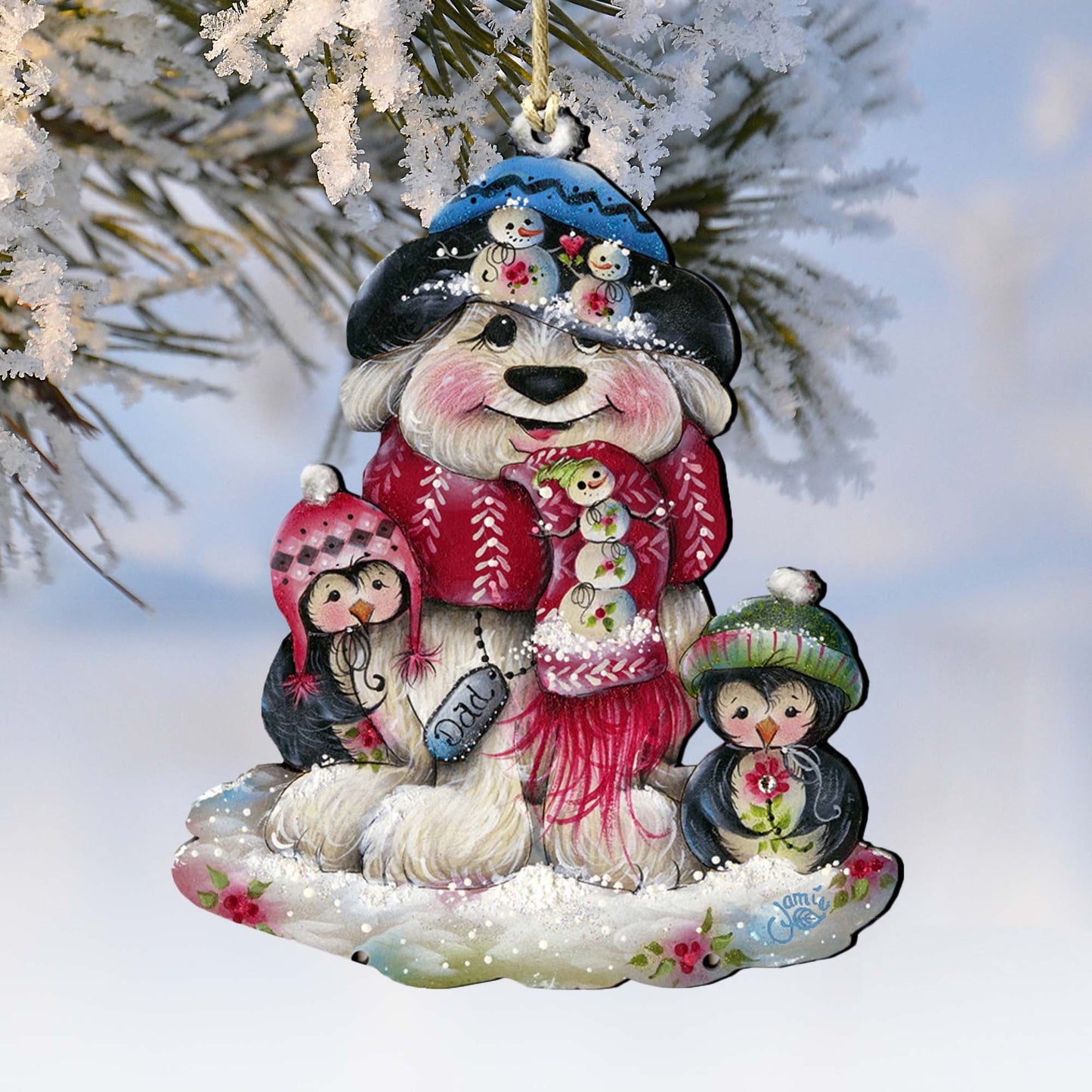 Dog and Penguin Wooden Ornaments by Jamie Mills-Price - Pets Dog and Cats Decor - 8457503