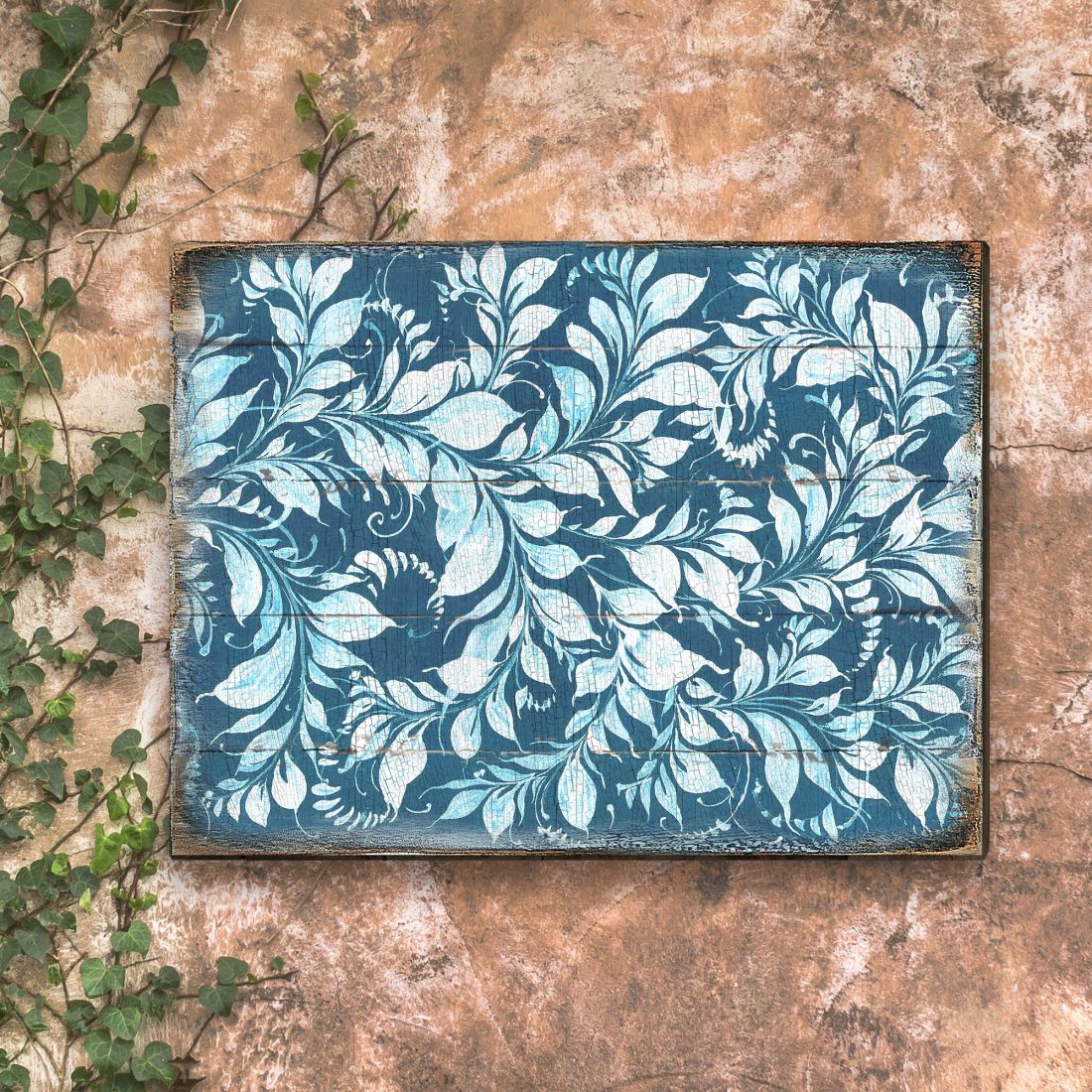 White and Blue Floral Rustic Wooden Wall Art by G. DeBrekht - Floral Ornamental Decor - 95005B