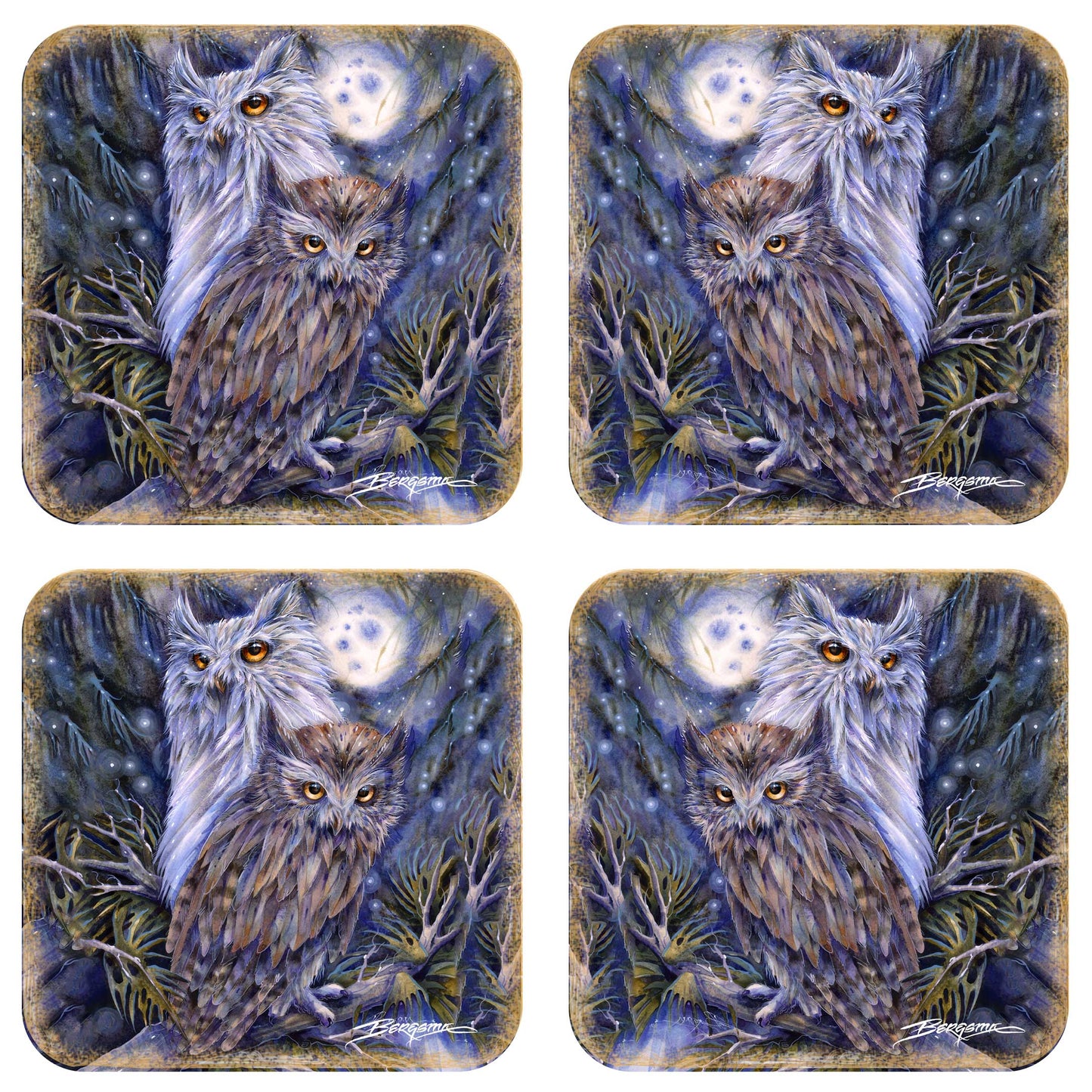 Night Watch Owls Wooden Cork Coasters Gift Set of 4 by J. Bergsma - Wildlife Decor  - 8199465C-S4