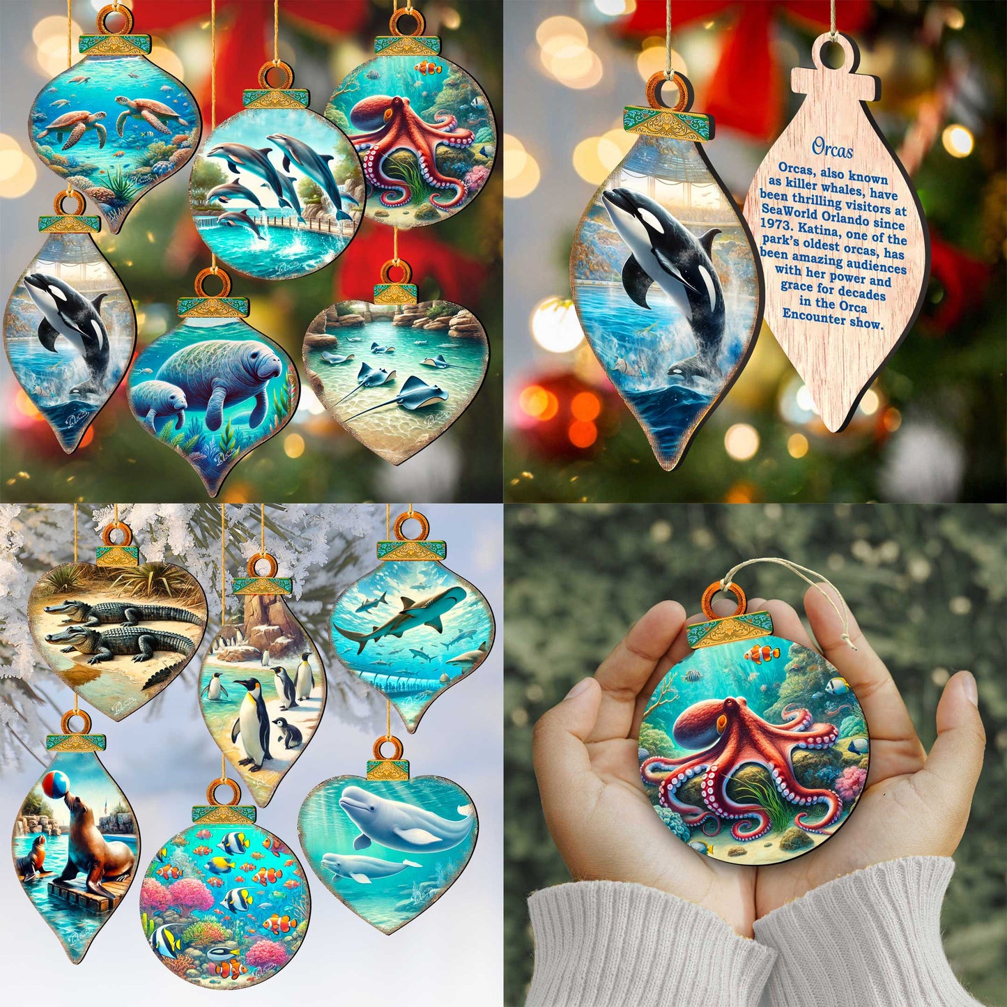 Ocean & Marine Life Wooden Christmas Ornaments Set of 12 – Handcrafted Coastal Décor by G.DeBrekht - 8610105-S12