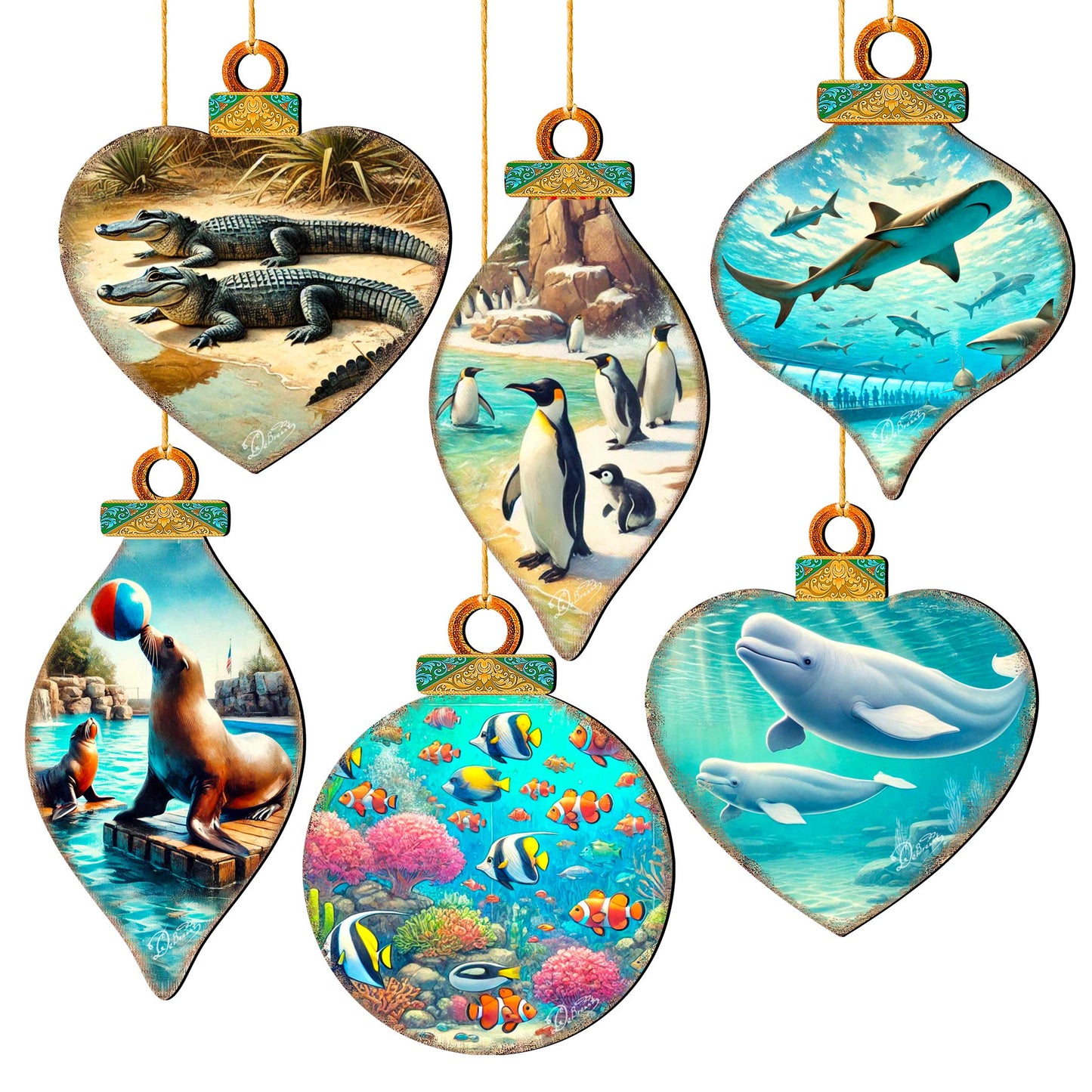 Ocean & Marine Life Wooden Christmas Ornaments Set of 12 – Handcrafted Coastal Décor by G.DeBrekht - 8610105-S12