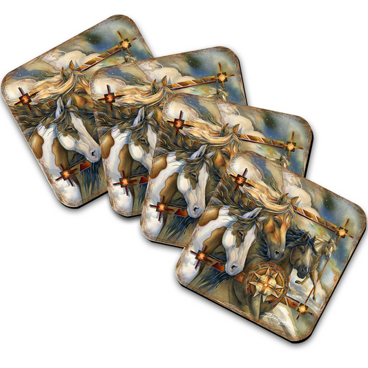Wild Horses Wooden Cork Coasters Gift Set of 4 by J. Bergsma - Wildlife Décor  - 8199474C-S4
