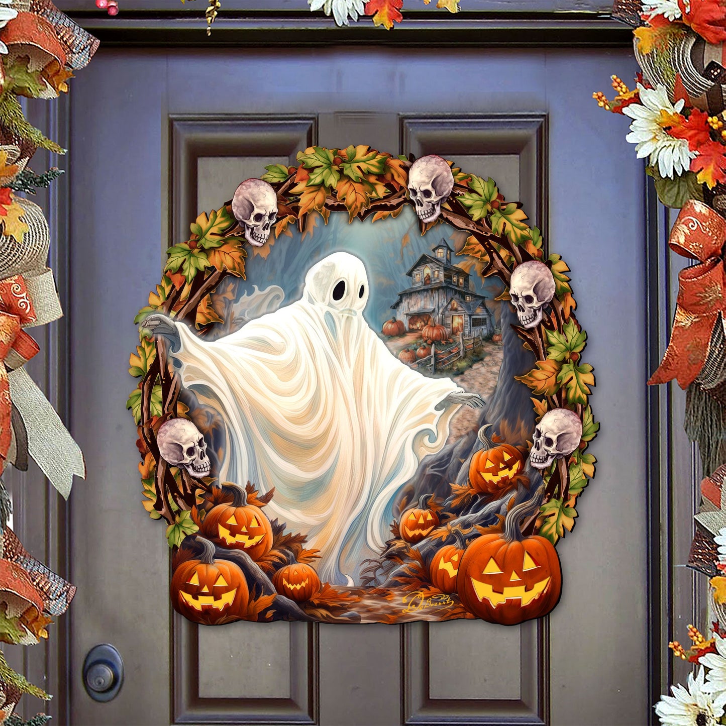 Halloween Ghost Wreath Door Hanger Door Décor by G. Debrekht - Halloween Décor - 8652825H