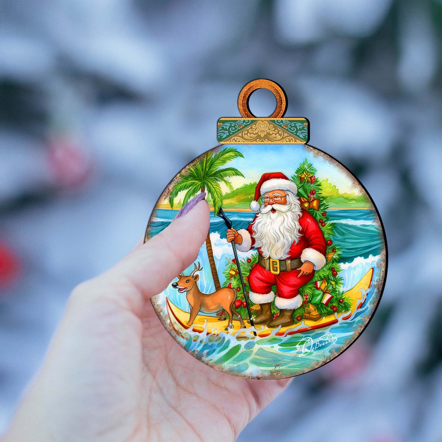 Nautical Christmas Décor - Santa on the Surfboard Wooden Ornaments by G. Debrekht Coastal Holiday Décor - 8688185