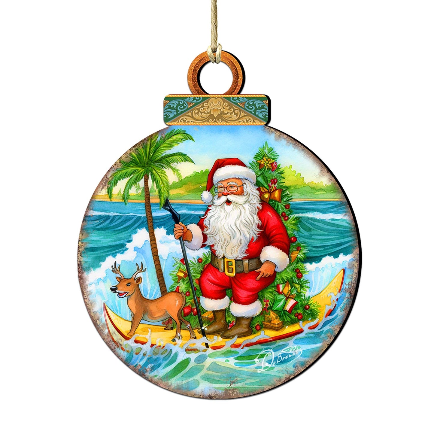 Nautical Christmas Décor - Santa on the Surfboard Wooden Ornaments by G. Debrekht Coastal Holiday Décor - 8688185
