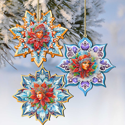 Snow Queen Snowflake Wooden Ornaments set of 3 by G. Debrekht - Christmas Décor - 8090141-S3