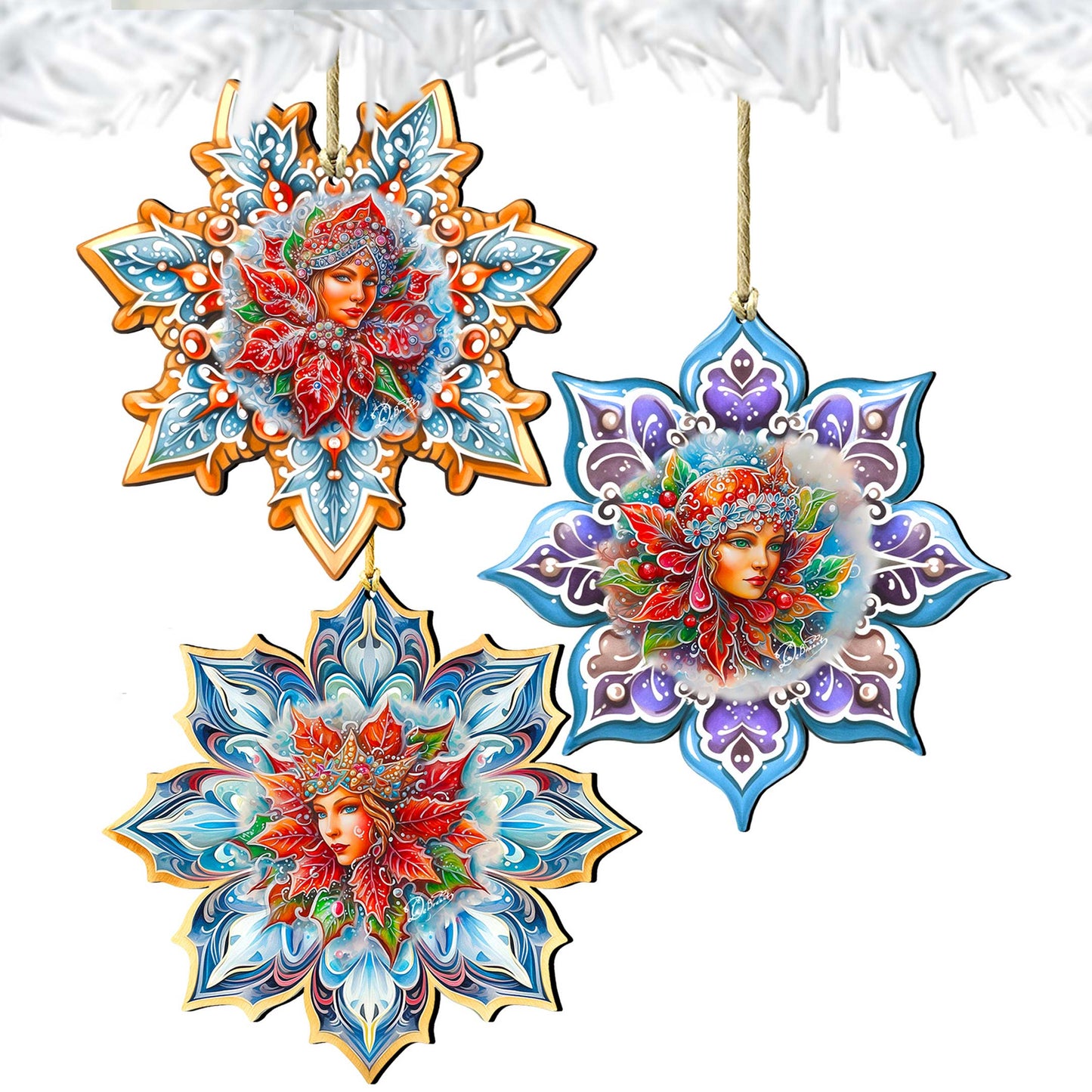 Snow Queen Snowflake Wooden Ornaments set of 3 by G. Debrekht - Christmas Décor - 8090141-S3