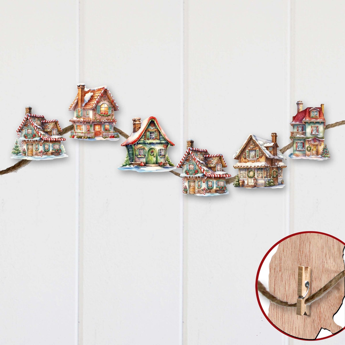 Christmas Houses Decorative Wooden Clip-on Ornaments Set of 6 by G. Debrekht - Christmas Decor - 8090024C-S6