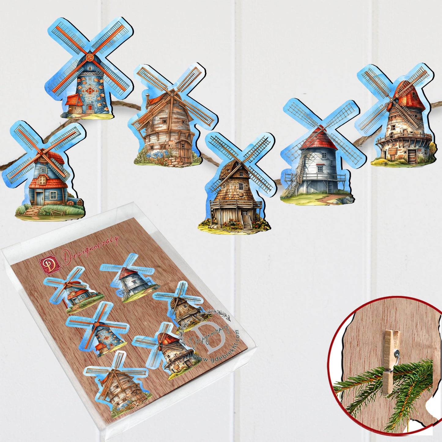 Windmills Decorative Wooden Clip-on Ornaments Set of 6 by G. Debrekht - Love Family Decor - 8090074C-S6
