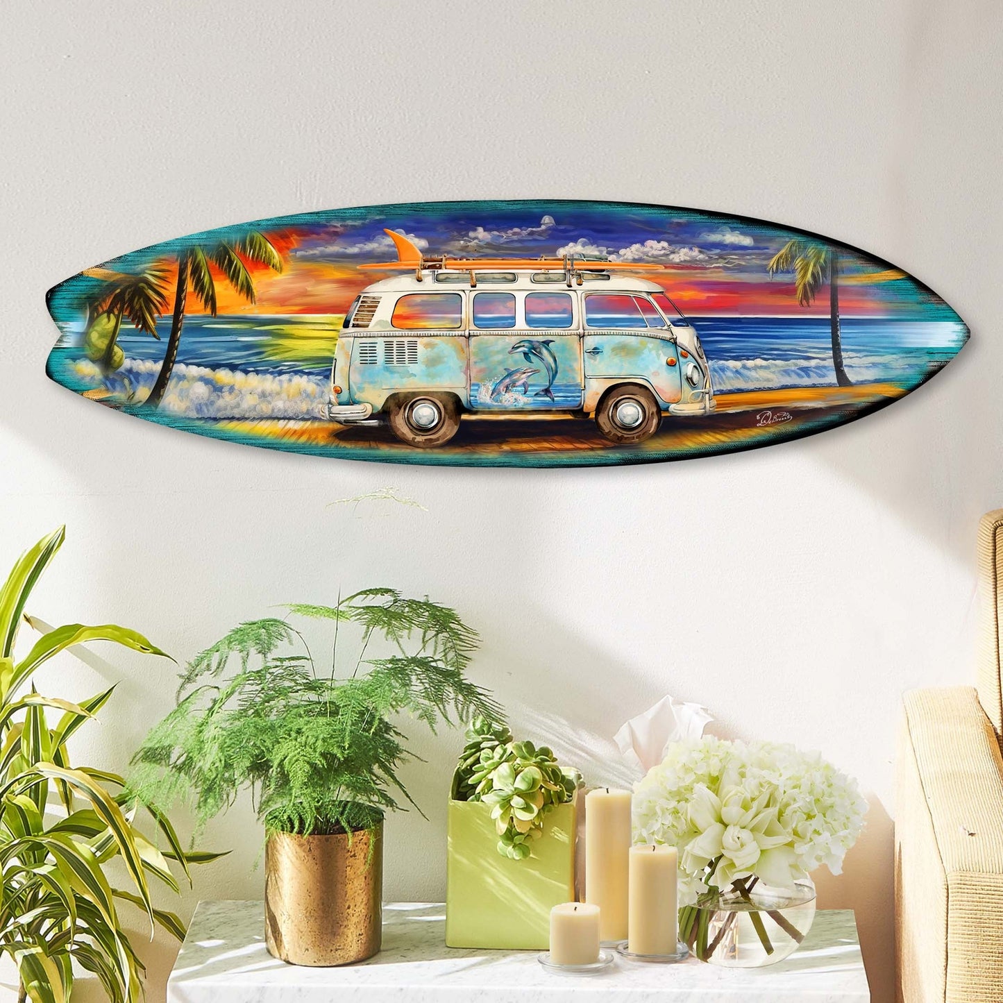 Surf Van at the Beach Surfboard Coastal Wall Art by G. DeBrekht - Coastal Holiday Decor - 8490120HS