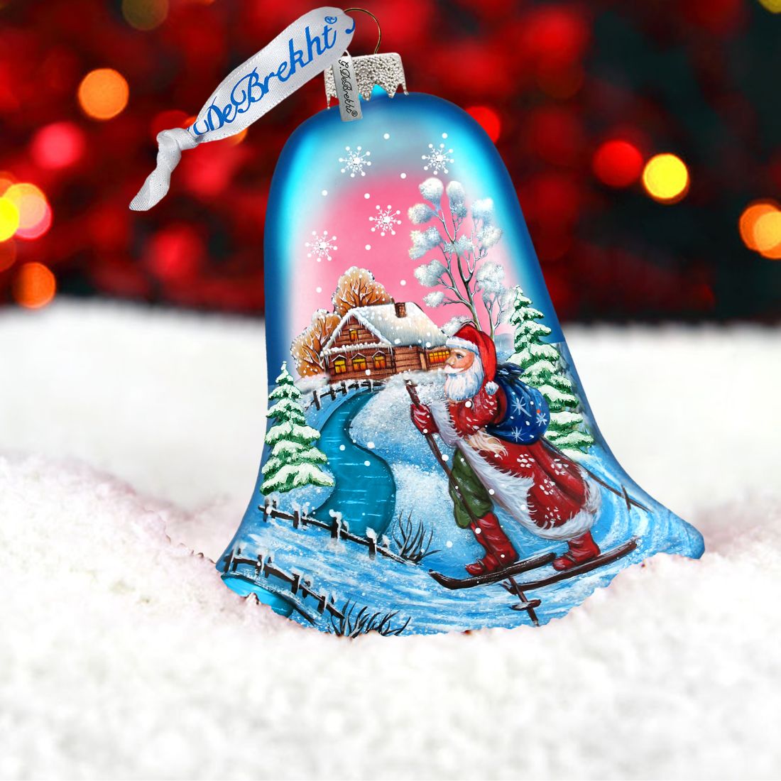 Santa on Ski Bell Glass Ornament by G. DeBrekht - Christmas Santa Snowman Decor - 73342