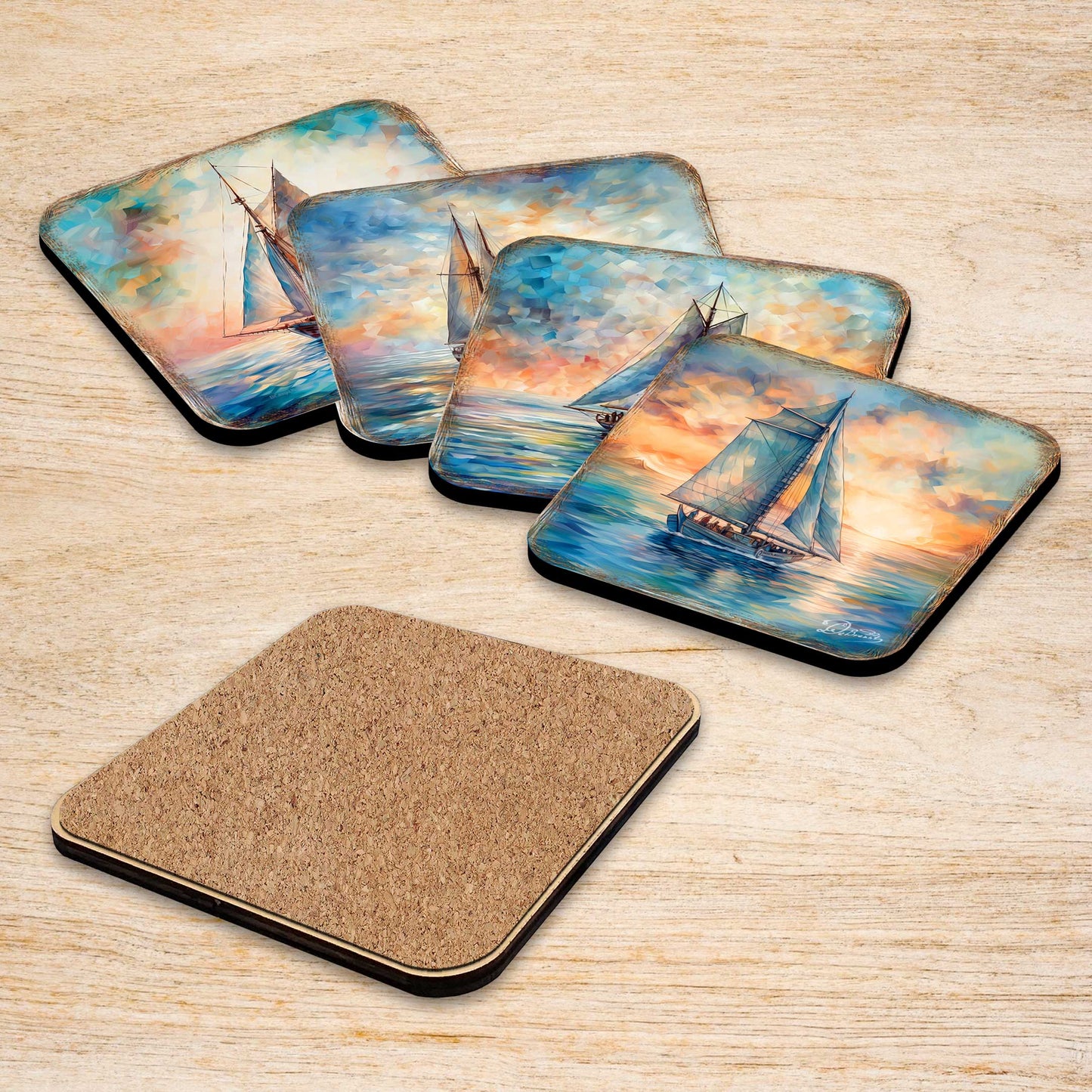 Sail Boats Wooden Cork Coasters Gift Set of 4 by G. Debrekht - Coastal Holiday Decor  - 8199450-2C-S4