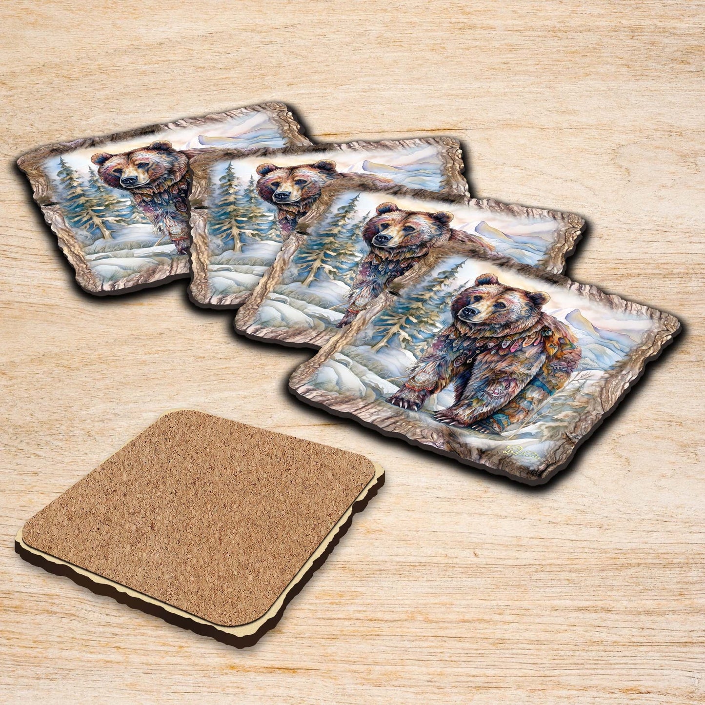 Grizzly Bear Wooden Cork Coasters Gift Set of 4 by Nature Wonders Nature Wildlife Decor  - 95397C-S4