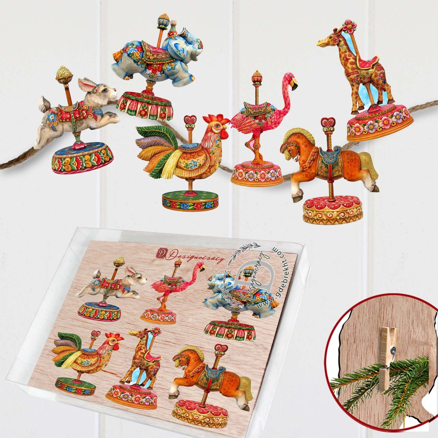 Carousel Decorative Wooden Clip-on Ornaments Set of 6 by G. Debrekht - Christmas Decor - 8090137C-S6