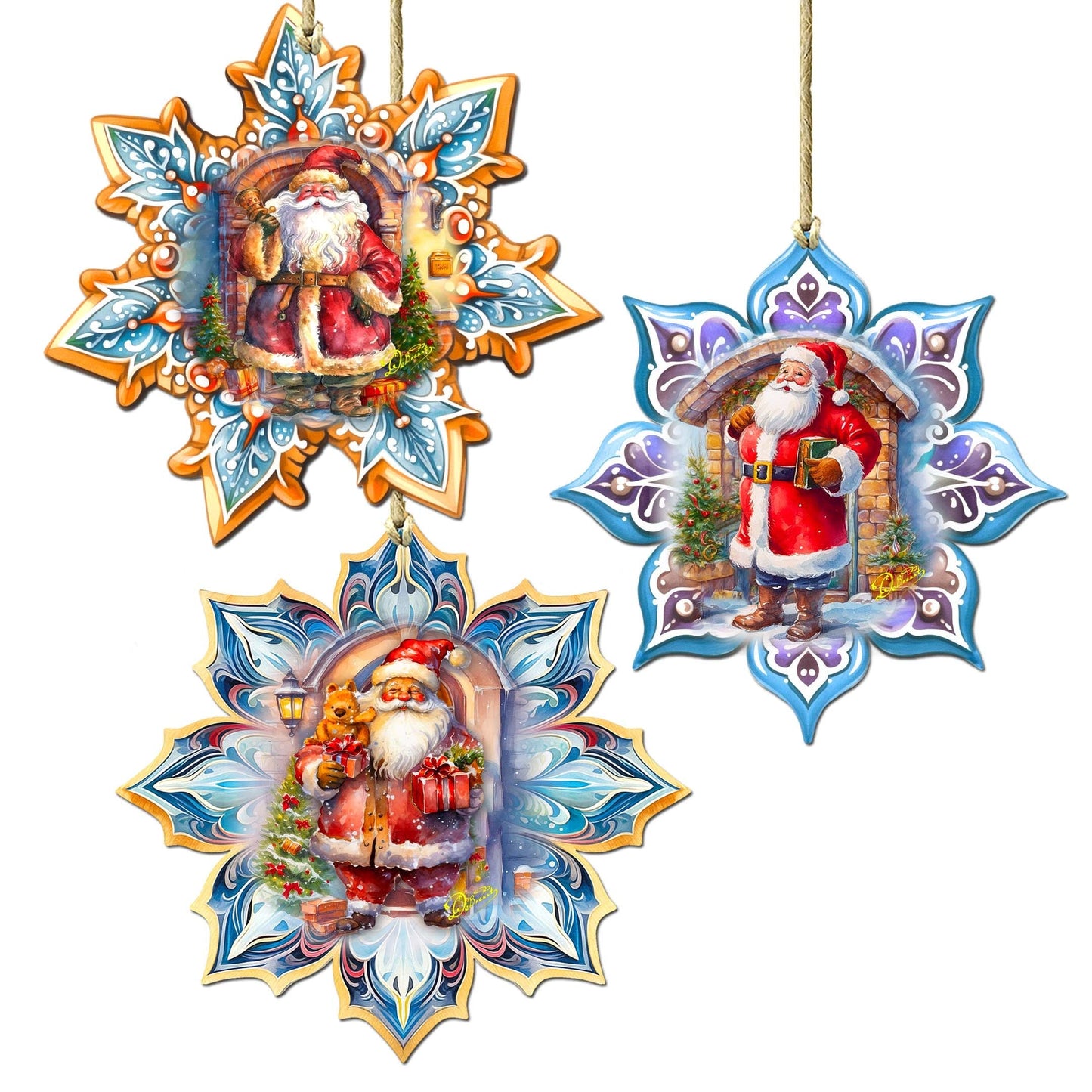 Santa's Greetings Snowflake Wooden Ornaments Set of 3 by G. Debrekht - Christmas Decor - 8090147-S3