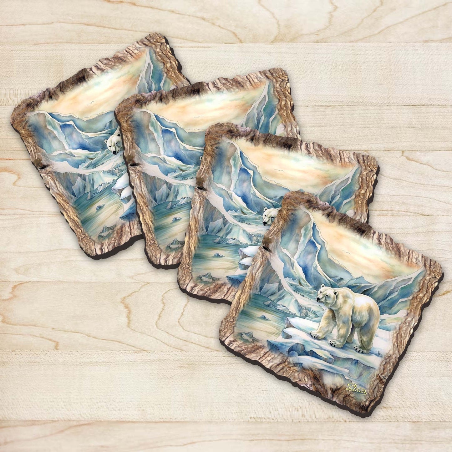 Polar Bear Wooden Cork Coasters Gift Set of 4 by Nature Wonders Nature Wildlife Decor  - 95400C-S4