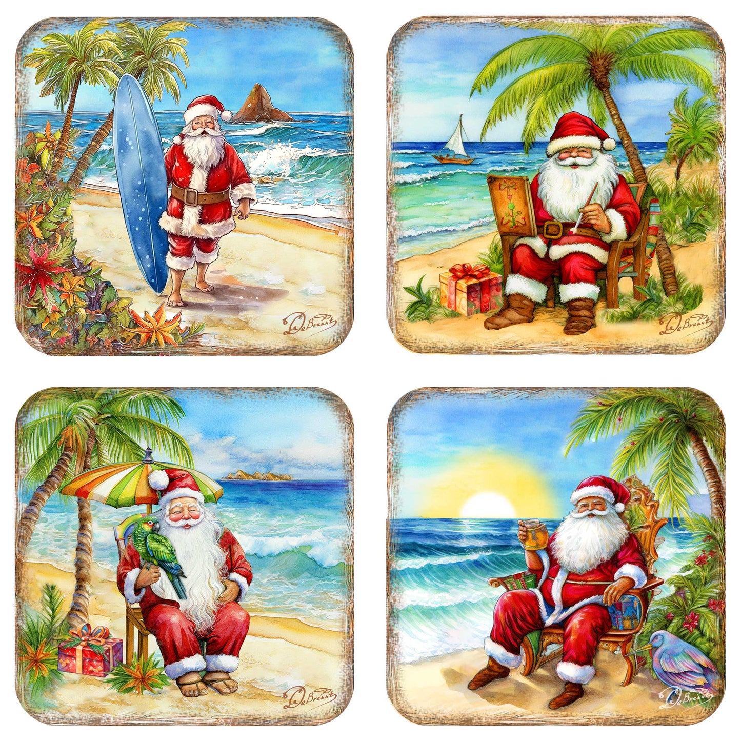 Santa on the Beach Wooden Cork Coasters Gift Set of 4 by G. Debrekht - Santa Christmas Decor  - 8199441C-S4