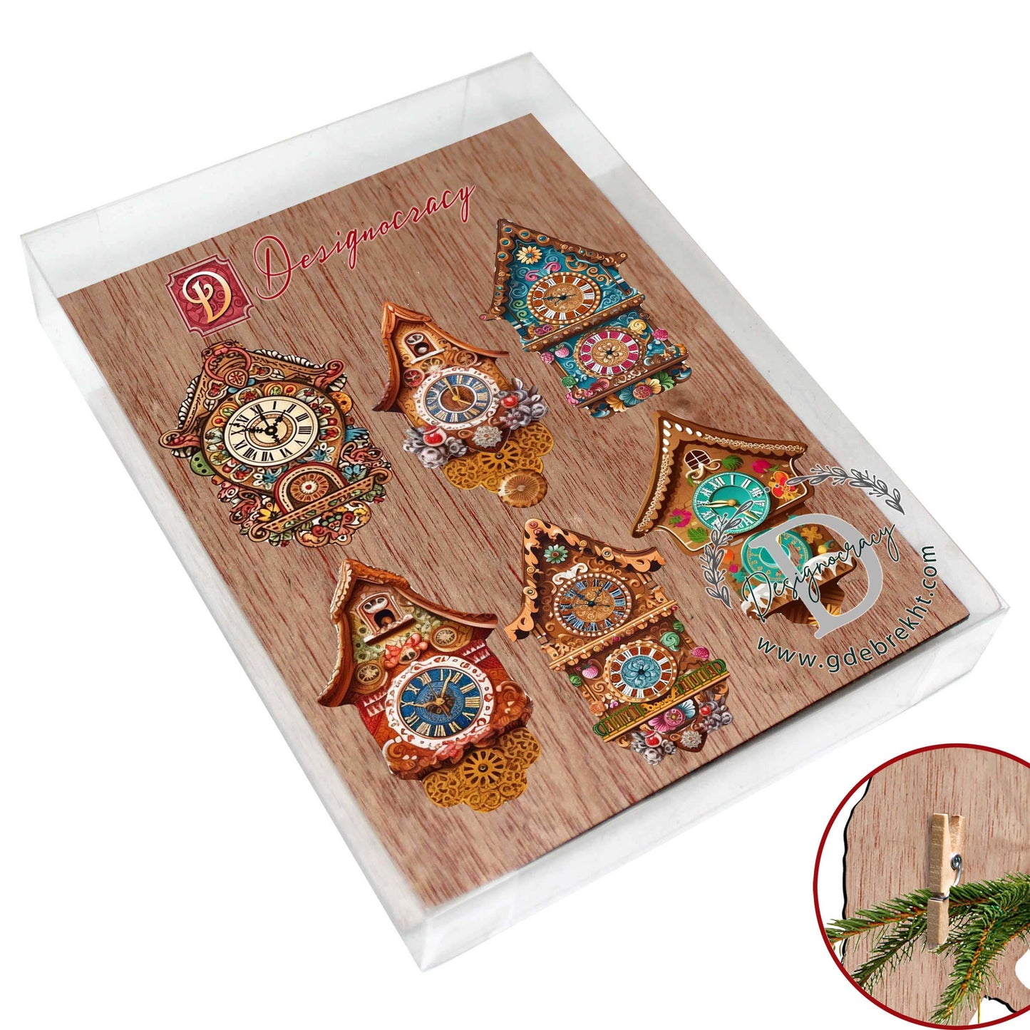 Miniature clock Decorative Wooden Clip-on Ornaments Set of 6 by G. Debrekht - Christmas Decor - 8090020C-S6