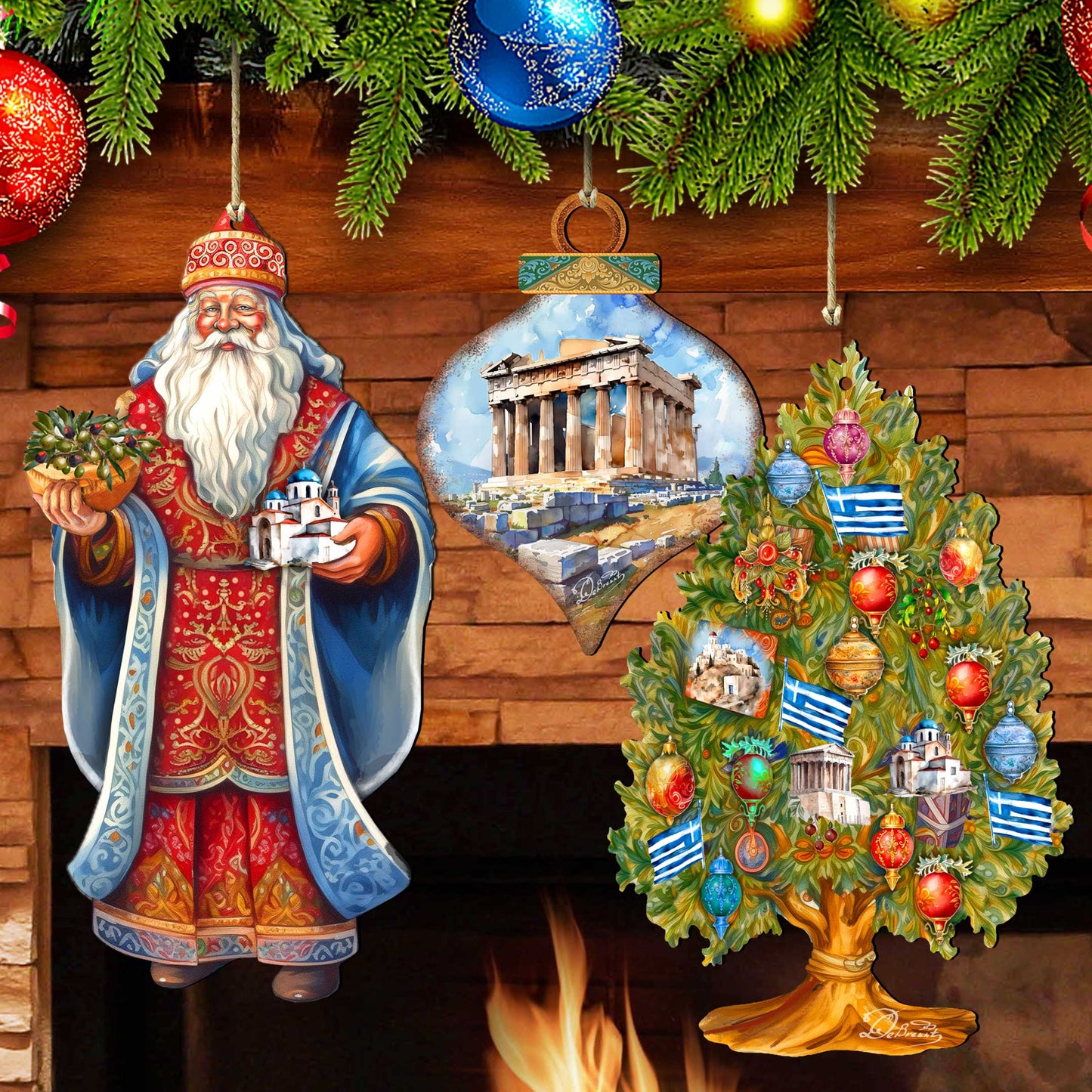 Santas Around the World - Greece Inspired Santa - Wooden Ornaments Set of 3 by G. DeBrekht Christmas Santa Snowman Decor - 8091316S3
