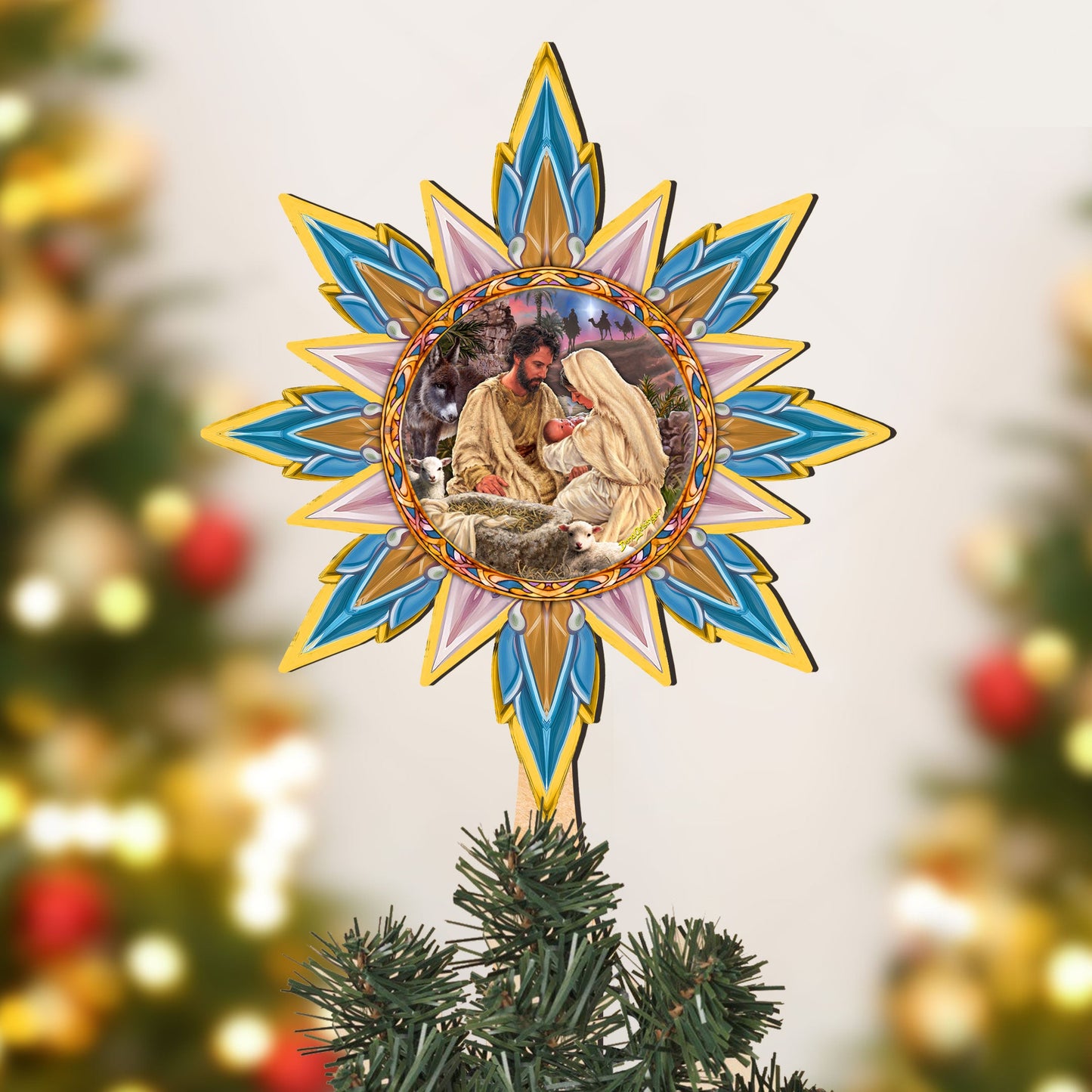 Classic Nativity Star Tree Topper Wooden Décor by D. Gelsinger - Nativity Holiday Décor - 89502-DG