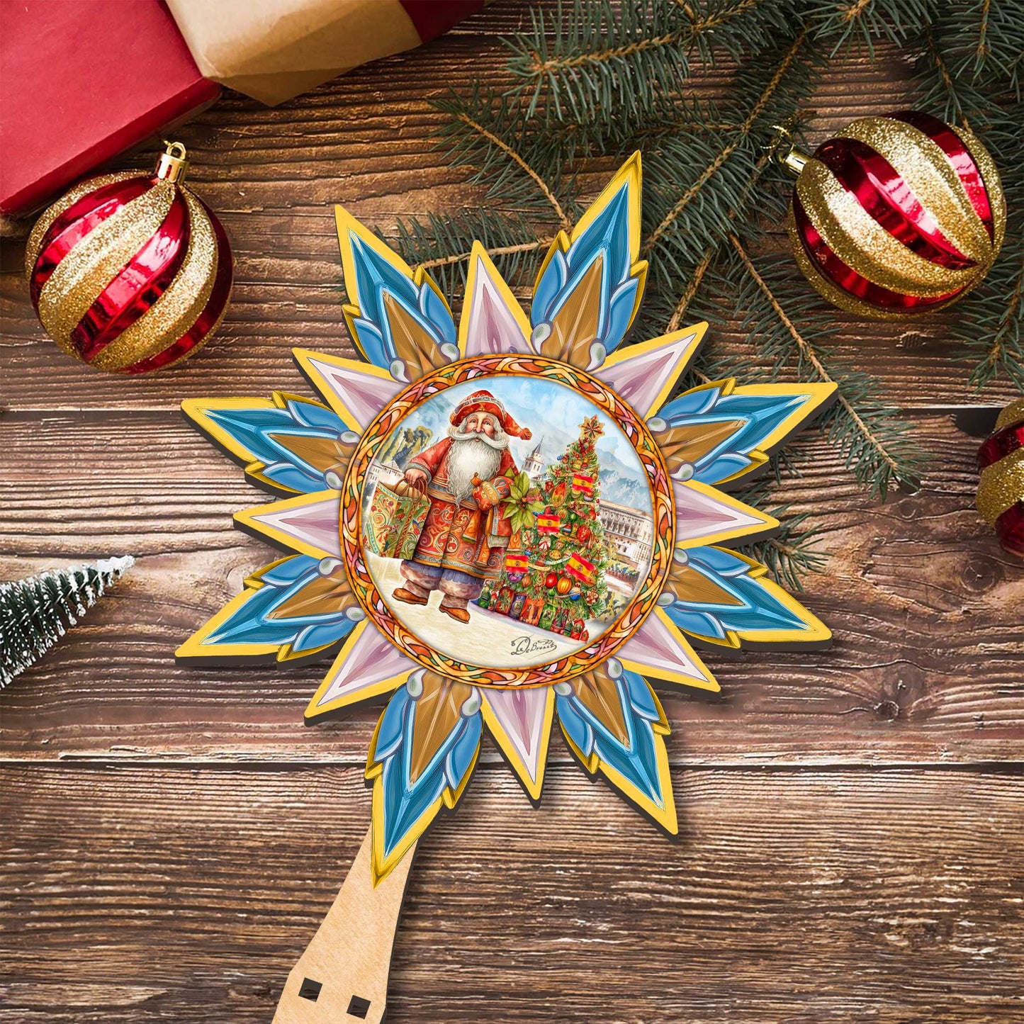 Spanish-inspired Santa Tree Topper Wooden Décor by G. Debrekht  - Santa Snowman Décor - 89524
