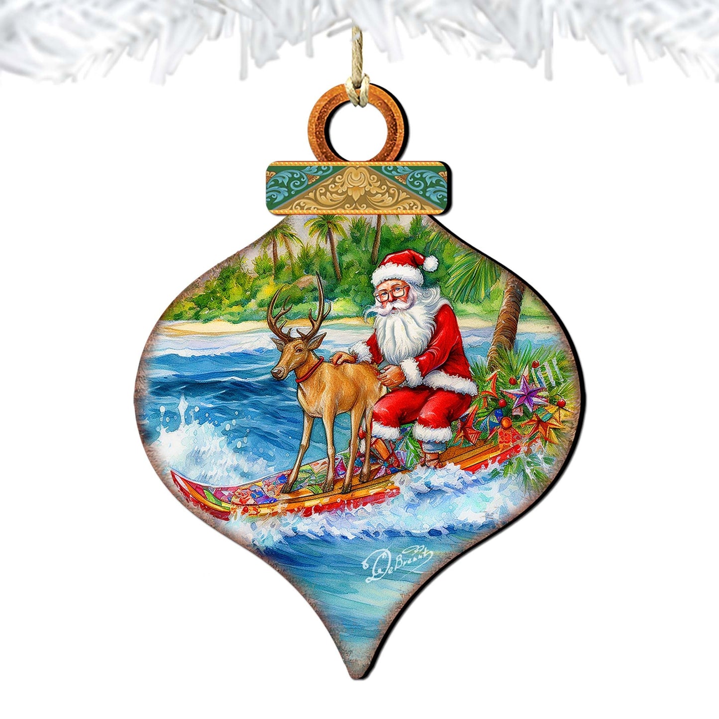 Coastal Christmas Decor - Surfing with Santa Wooden Ornaments by G.Debrekht Coastal Holiday Decor - 8688309