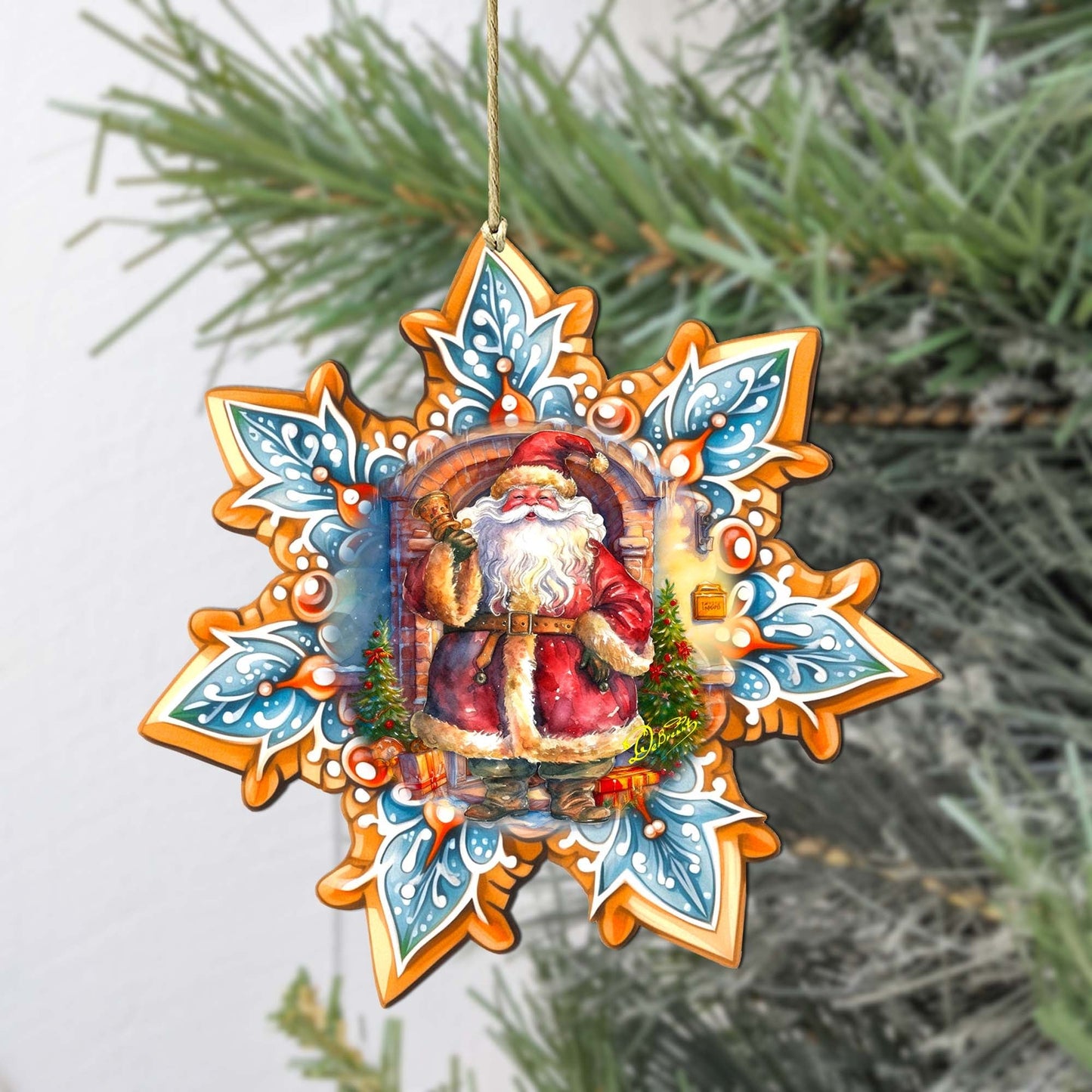 Santa with Bell Snowflake Wooden Ornaments by G. Debrekht - Christmas Santa Snowman Decor - 8688419