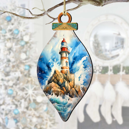 Wooden Christmas Tree Decorations - Lighthouse Wooden Ornaments by G.Debrekht Coastal Holiday Decor - 8688177