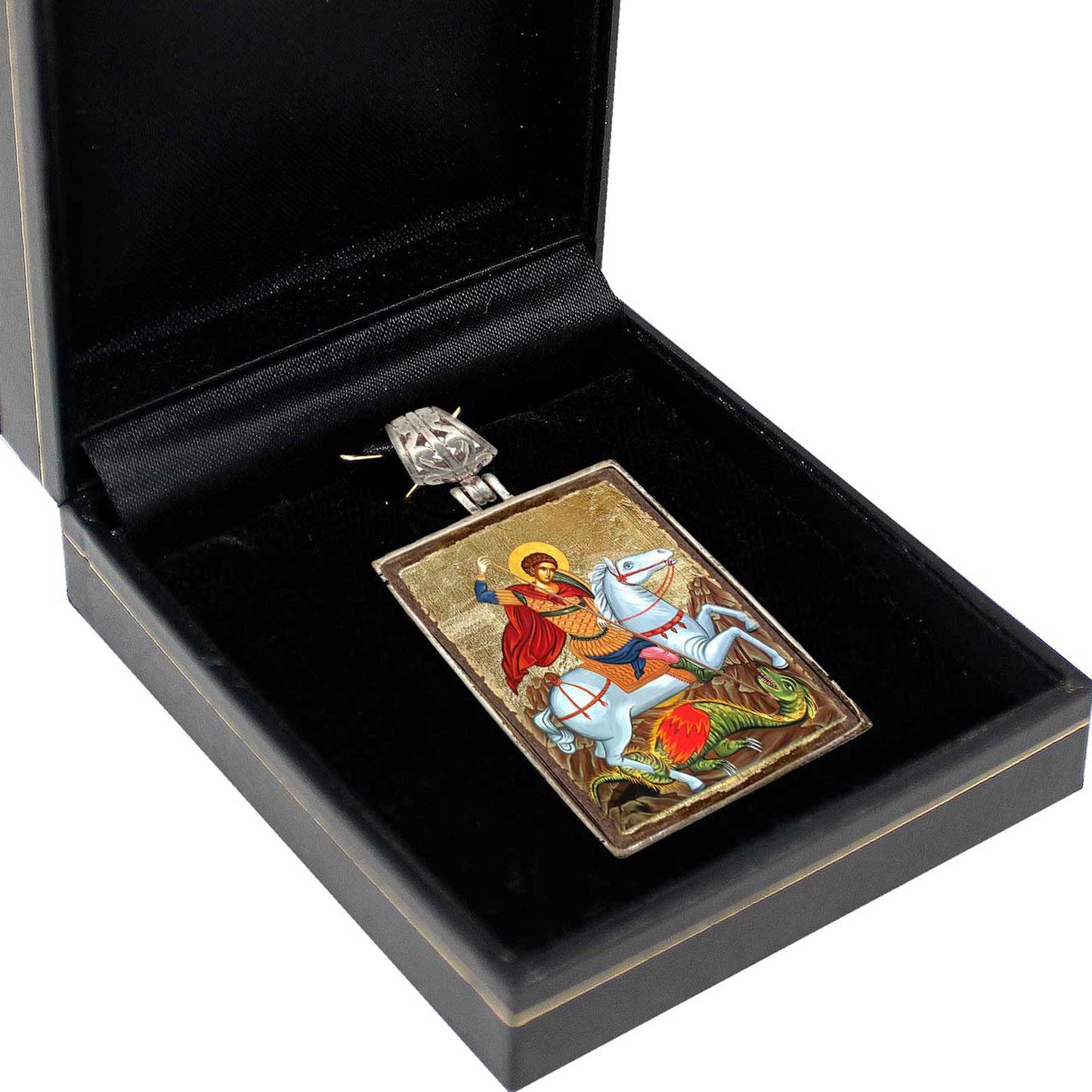 Saint George Religious Jewelry Silver Plated Necklace, Gold-Plated Wooden Cabochon - Orthodox Sacred Icon - Inspirational Icon Decor - 43013R
