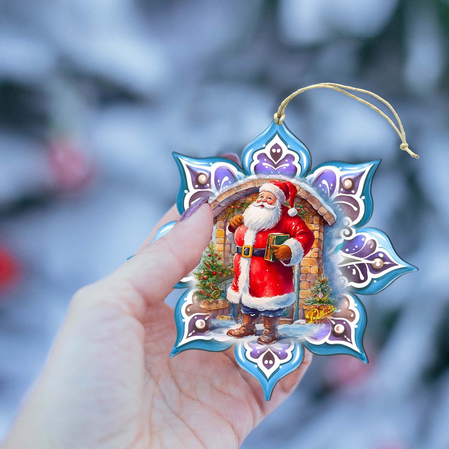 Santa with Book Snowflake Wooden Ornaments by G. Debrekht - Christmas Santa Snowman Decor - 8688420