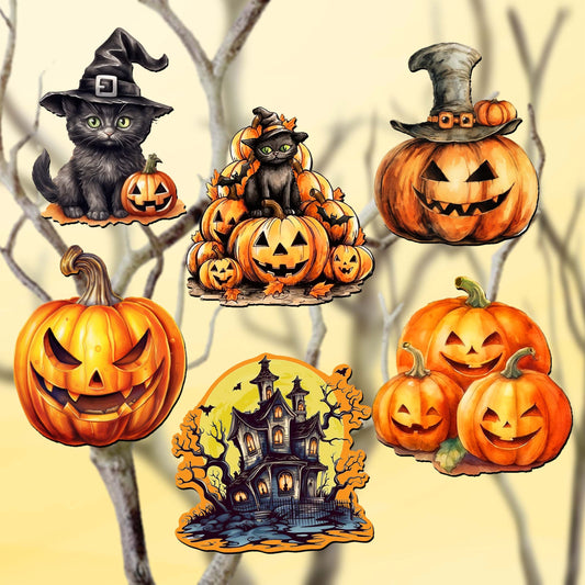 Spooky pumpkins Decorative Wooden Clip-on Ornaments of 6 by G. Debrekht - Halloween Decor - 8090019C-S6