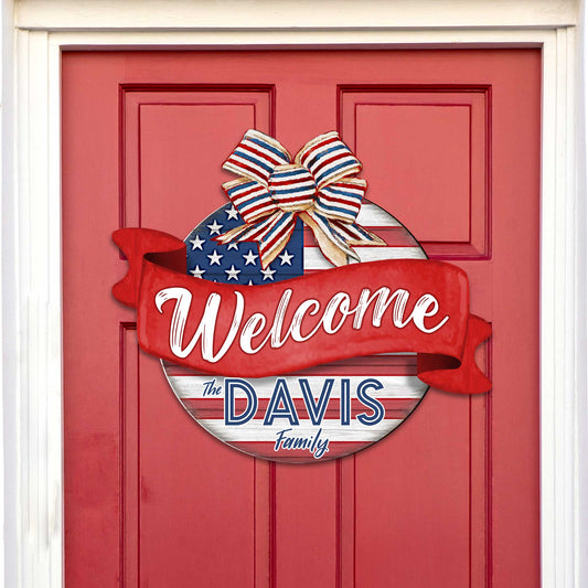 Front door welcome sign Custom name American flag porch wreath Main entrance Family Welcome sign - Wooden front porch decor - 933103HC