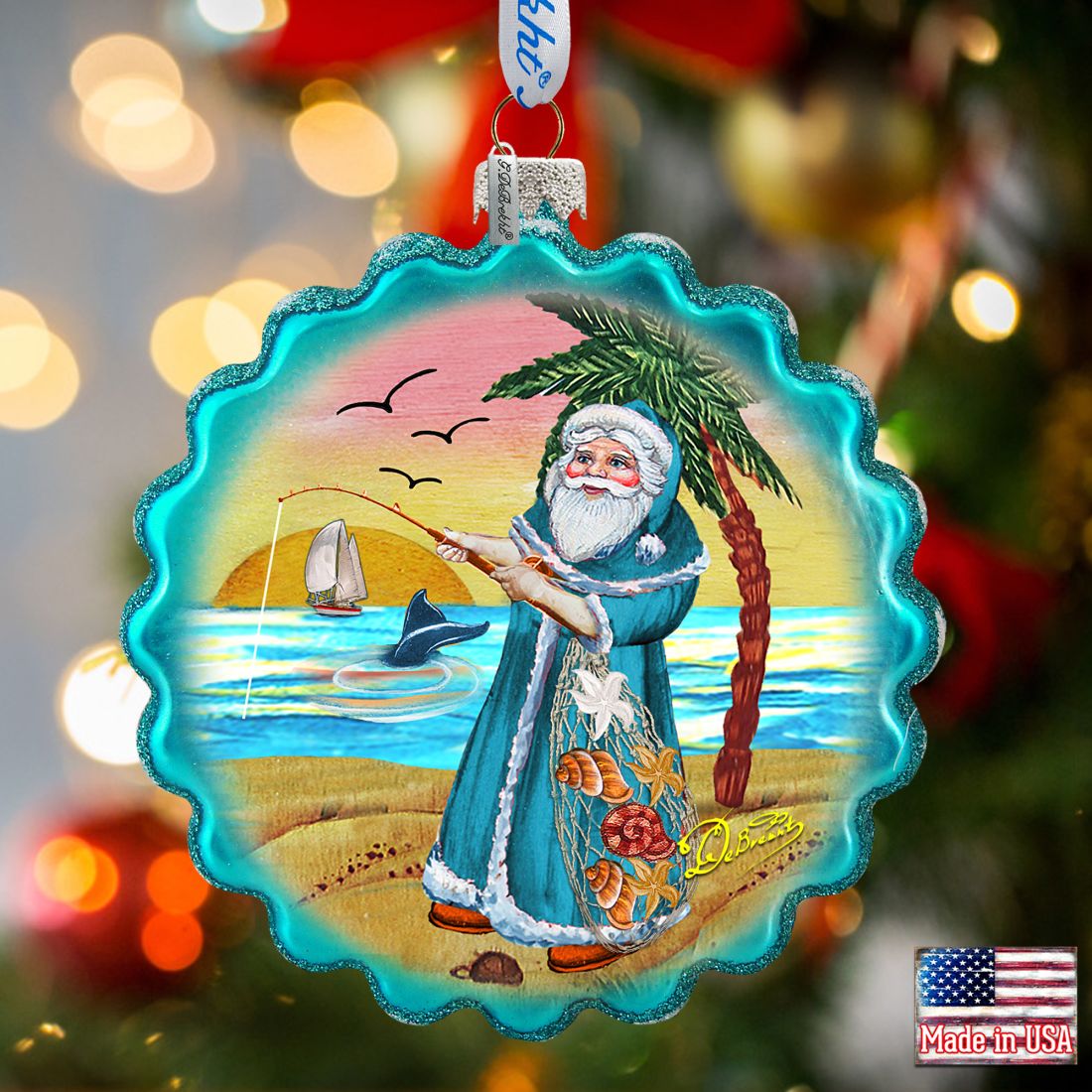 Santa with Shells Wreath Glass Ornament by G. DeBrekht - Coastal Holiday Decor - 759-041