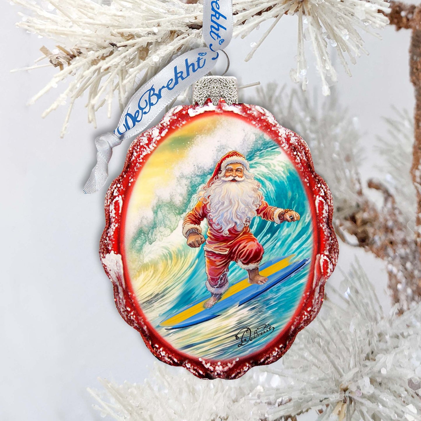 Coastal Christmas Ornaments  Santa on the Surfboard Keepsake Glass Ornaments by G. Debrekht - Coastal Holiday Decor - 777392