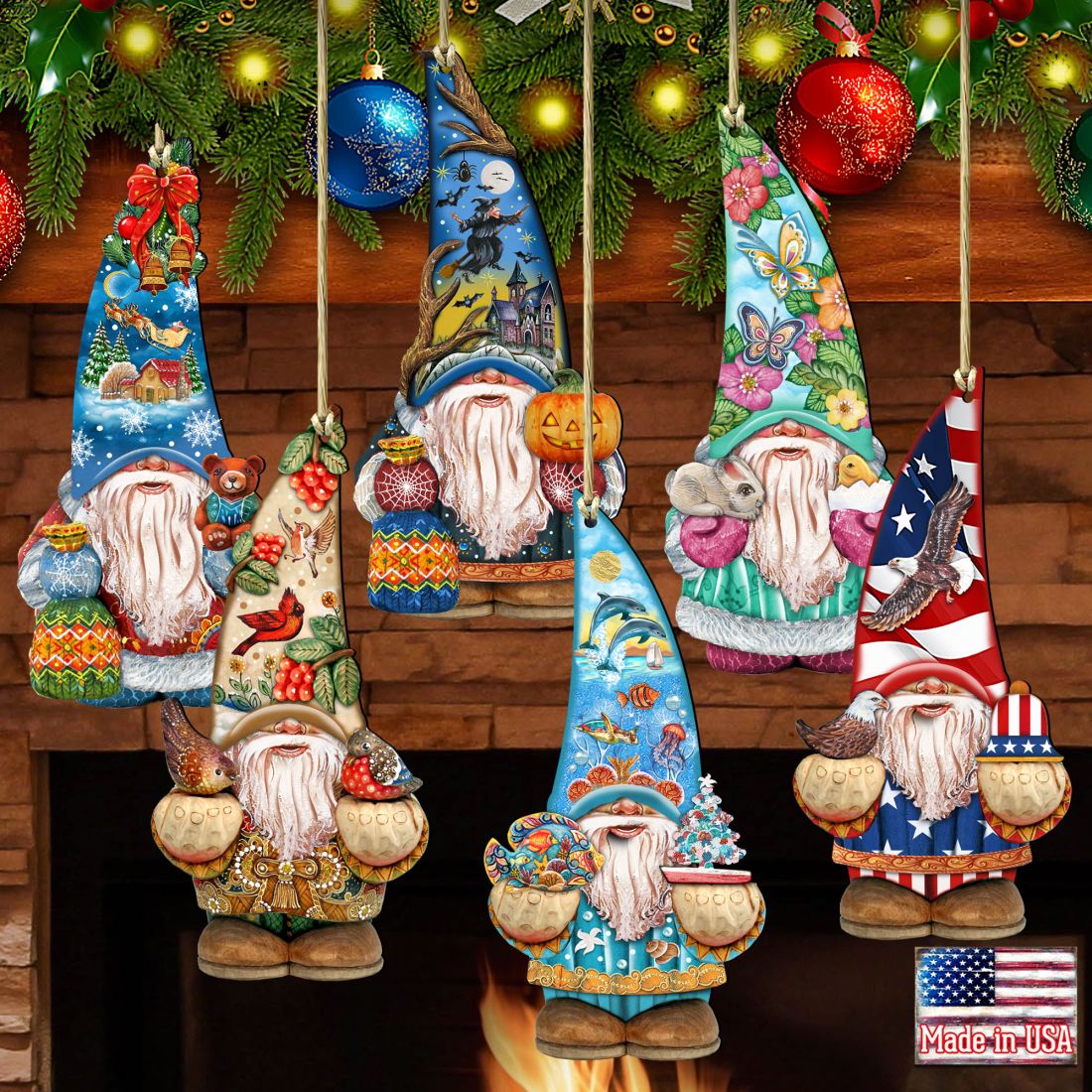 Gnome Friends Wooden Ornaments Set of 6 by G. DeBrekht - Christmas Santa Snowman Decor - 8611010-S6