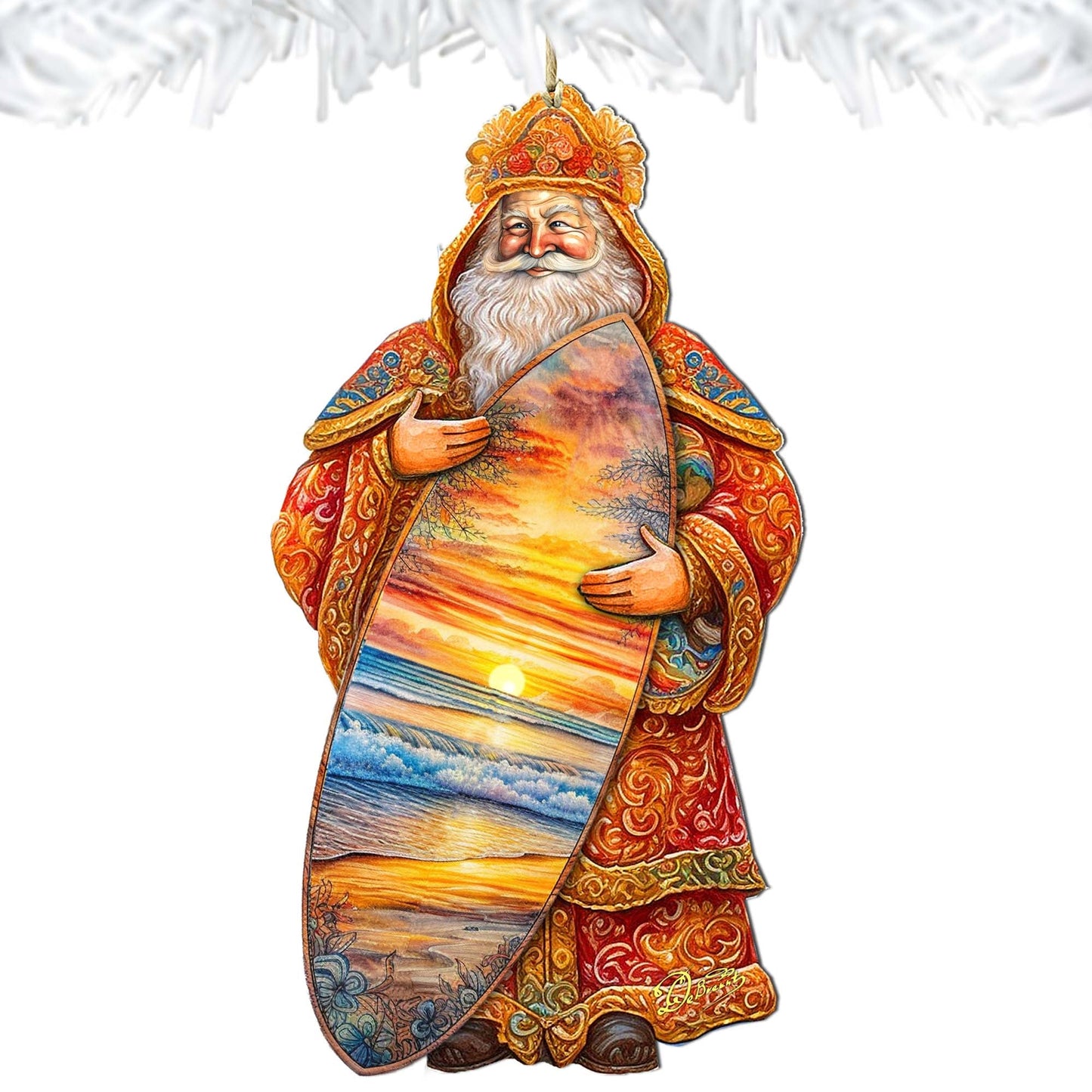 Santa's Tropical Surf Ride Wooden Ornaments by G. Debrekht - Christmas Santa Snowman Decor - 8691413