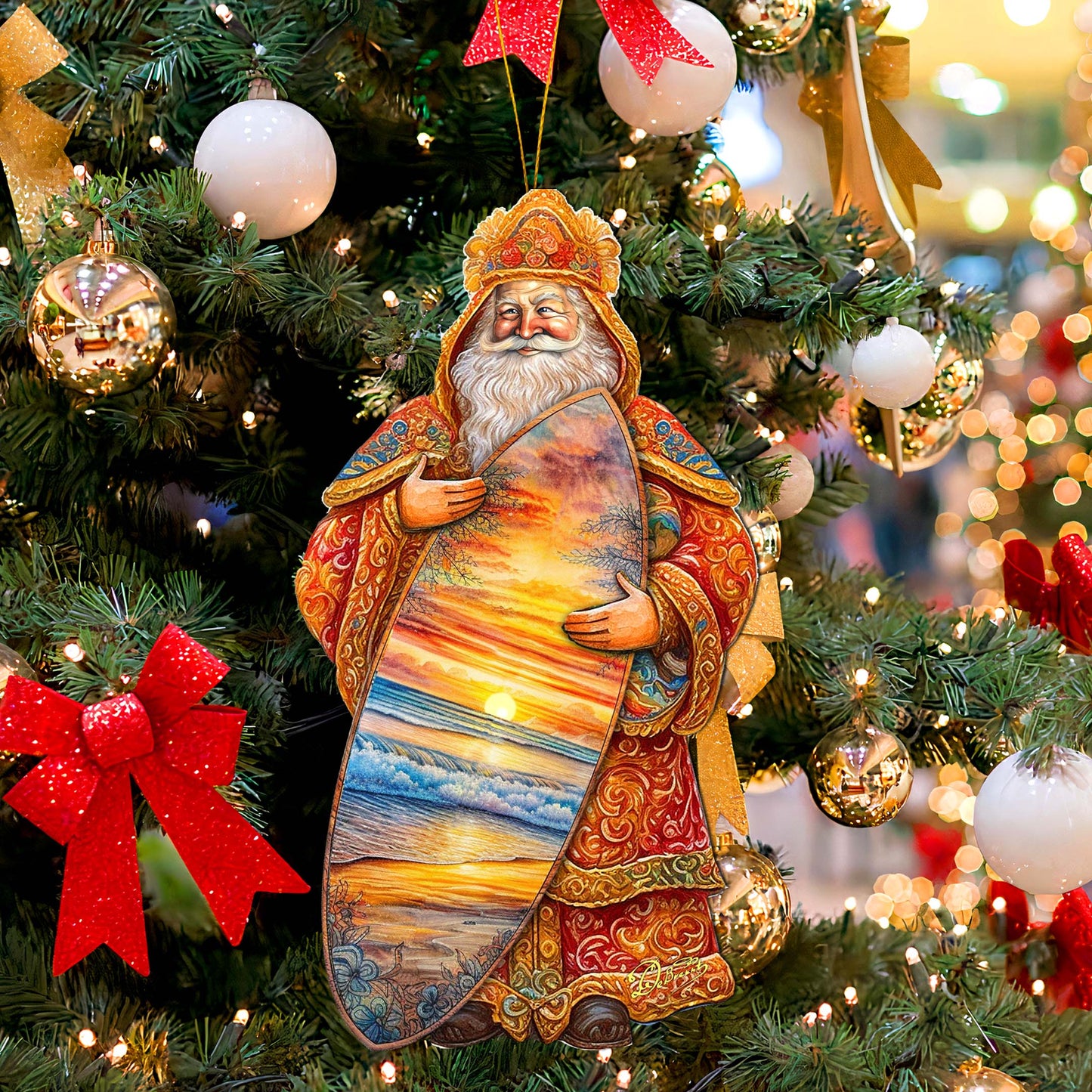 Santa's Tropical Surf Ride Wooden Ornaments by G. Debrekht - Christmas Santa Snowman Decor - 8691413