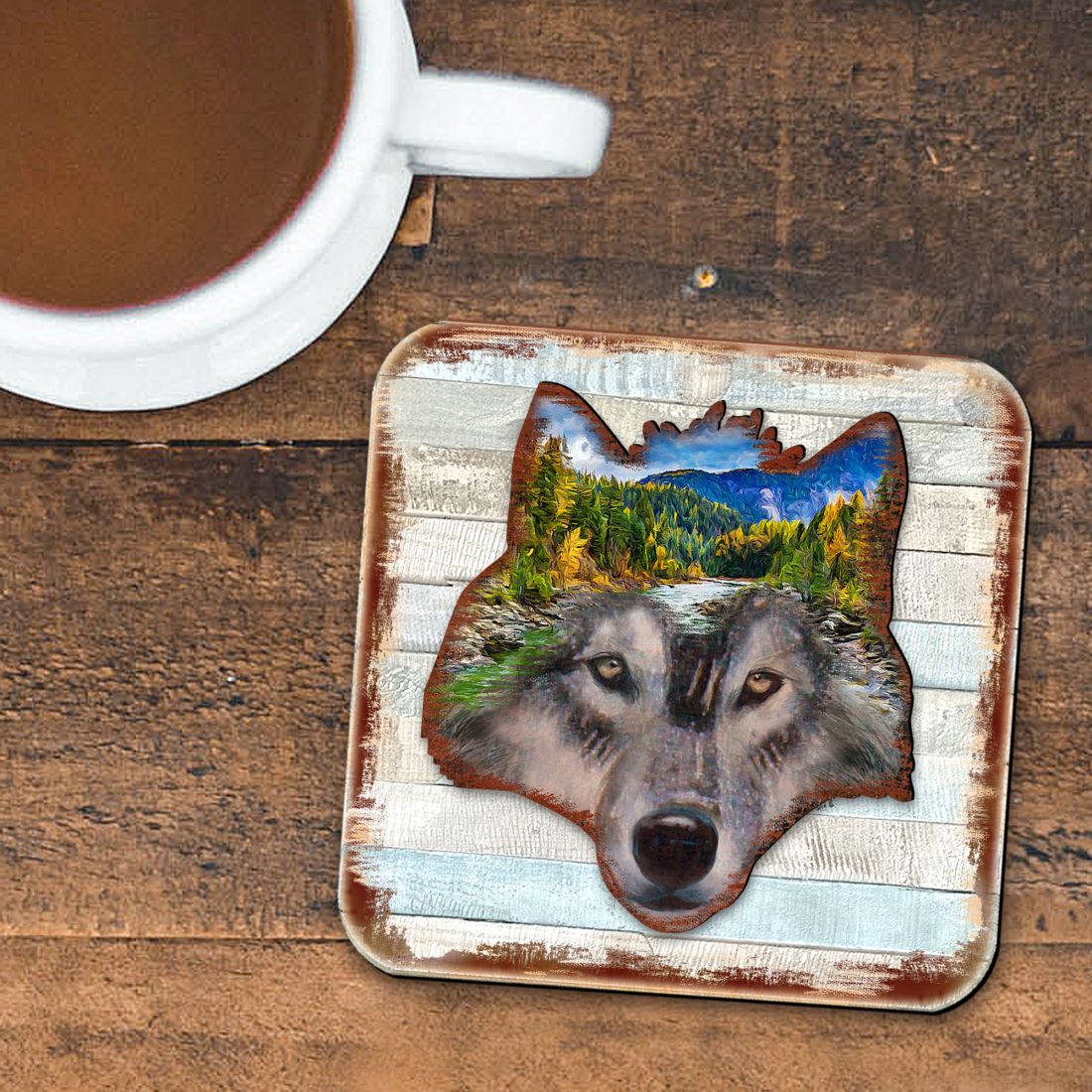 Wolf Face Wooden Cork Coasters Gift Set of 4 by Nature Wonders - Nature Wildlife Decor  - 8198227-4-9C-S4