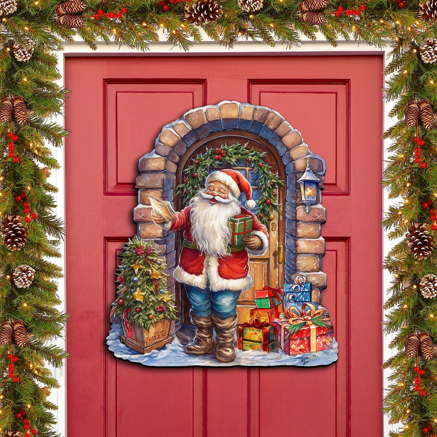 Santa's Surprise Visit Holiday Door Decor  by G. Debrekht - Christmas Santa Snowman Decor - 8611045H