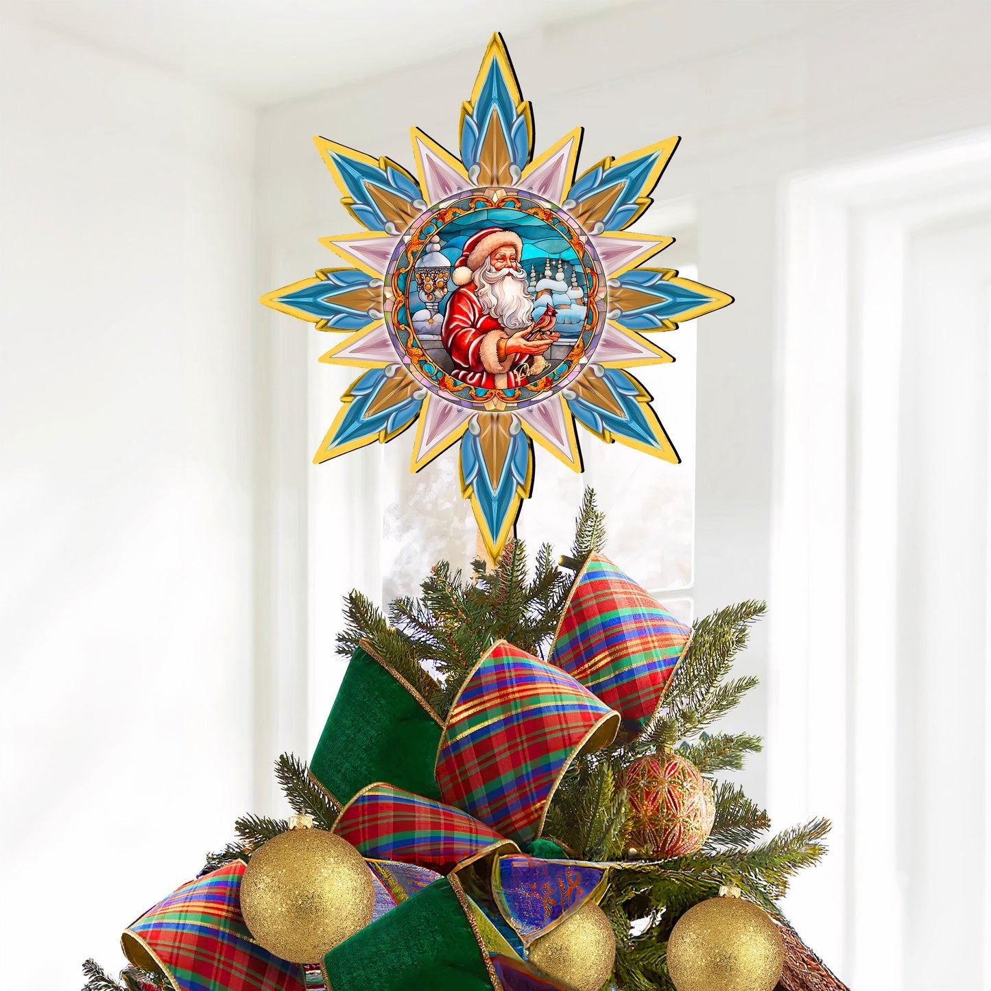 Santa with Cardinal Star Tree Topper Wooden Decor by G. Debrekht - Santa Snowman Decor - 89507