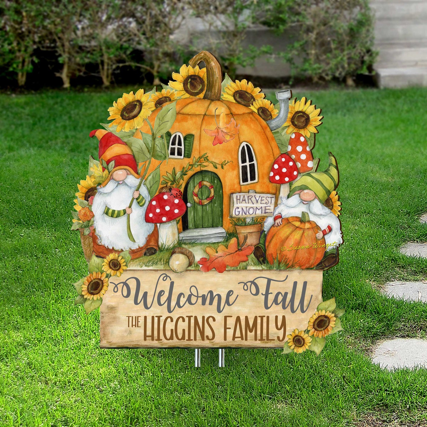 Personalized Outdoor Garden Stakes Fall Decoration - Custom Welcome Fall Backyard Decor by Susan Winget - Gnomes House - Handmade Gift 8471209MC-SW