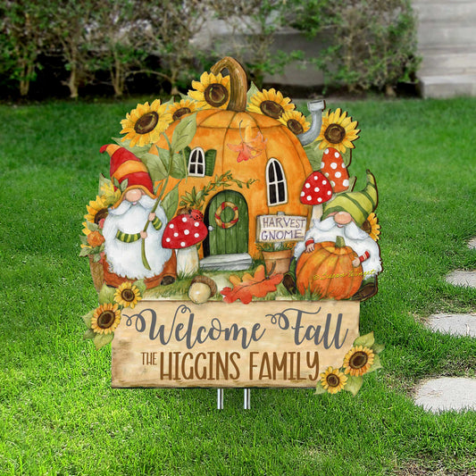 Personalized Outdoor Garden Stakes Fall Decoration - Custom Welcome Fall Backyard Decor by Susan Winget - Gnomes House - Handmade Gift 8471209MC-SW