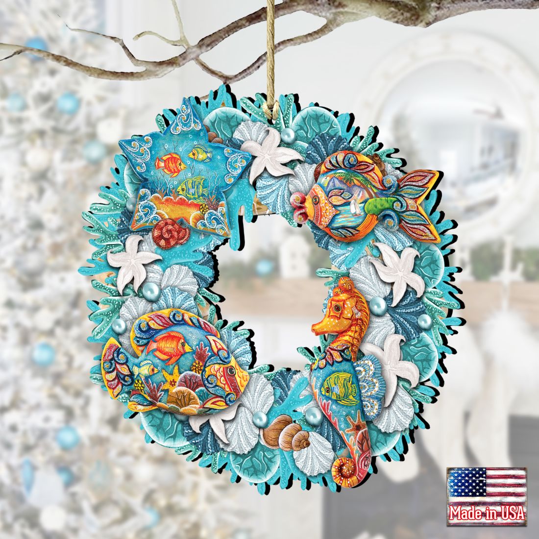 Sea Creatures Wreath Wooden Ornaments by G. DeBrekht - Coastal Holiday Decor - 8185306-3