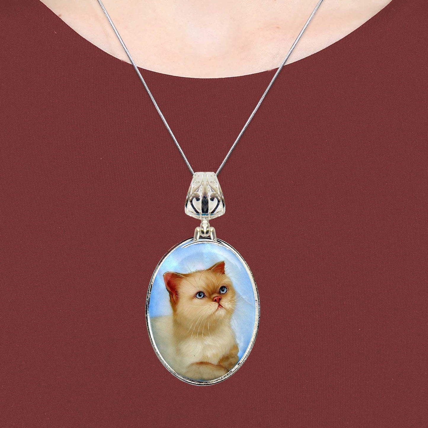 White Cat Angled Silver-Plated Mother of Pearl Jewelry Pendant Necklace - 44016