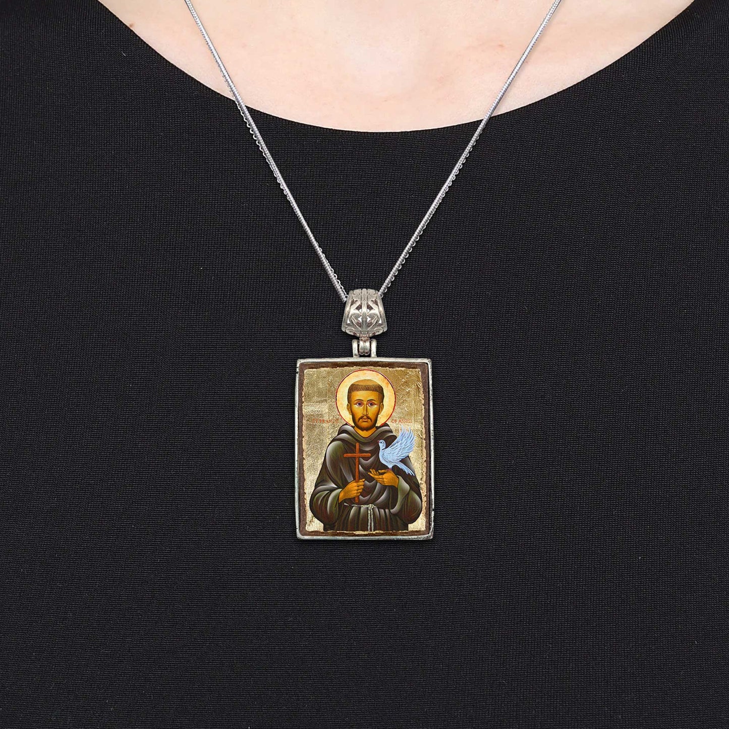 Saint Francis Religious Jewelry Silver Plated Necklace, Gold-Plated Wooden Cabochon - Christian Sacred Icon - Inspirational Icon Decor - 43024R