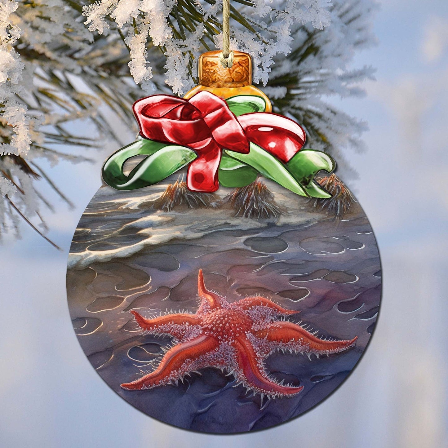 Red Sunflower Sea Star Wooden Ornaments by G.Debrekht - Wildlife Holiday Decor - 870019