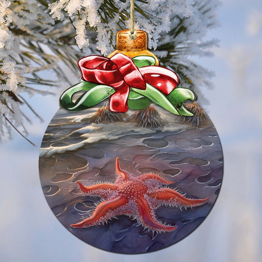 Red Sunflower Sea Star Wooden Ornaments by G.Debrekht - Wildlife Holiday Decor - 870019