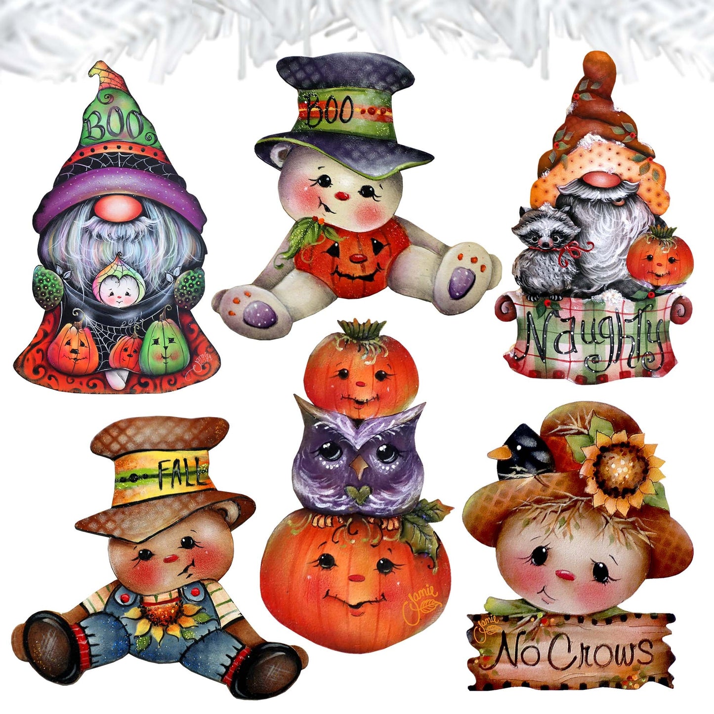 Hello Fall - Pumkin, Scarecrow, Gnome Decorative Wooden Clip-on Ornaments Set of 6 by Jamie Mills-Price - Thanksgiving Decor - 8090047C-MP-S6