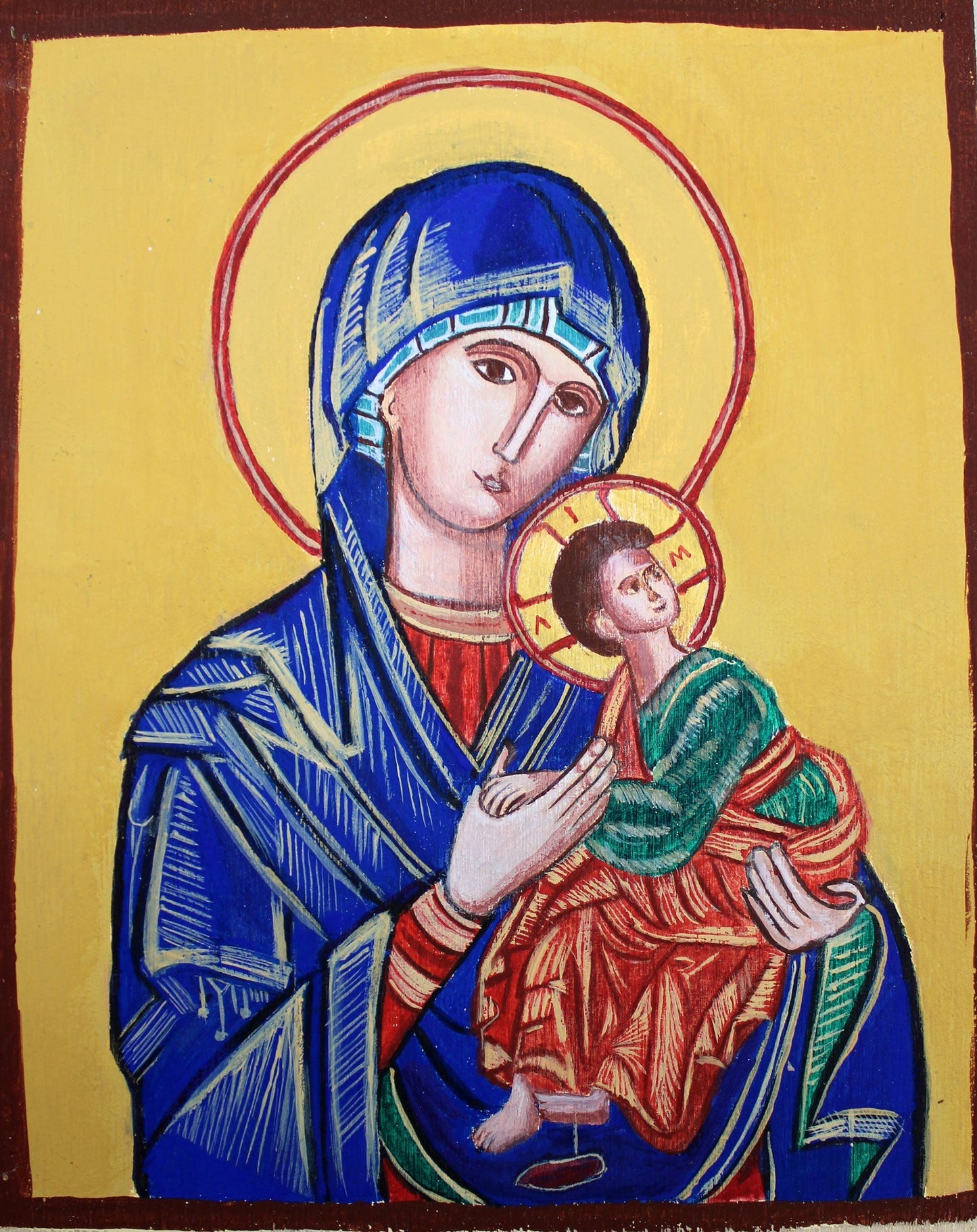 Virgin Mary Directress - Original One-of-a-Kind Handpainted Wooden Orthodox Icon 10 x 5.5" , Signed by G. DeBrekht with Certificate