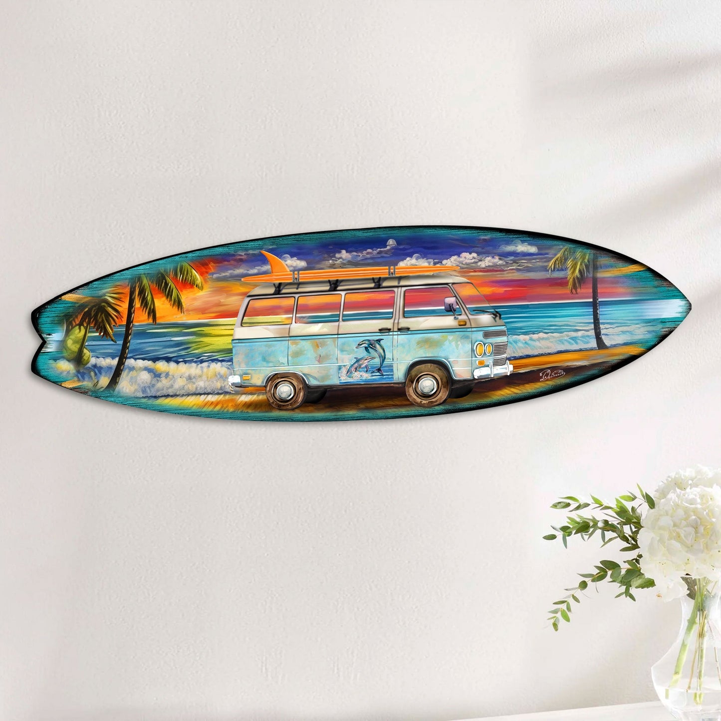 Beach Surf Van Surfboard Coastal Wooden Wall Art by G. DeBrekht - Handcrafted Coastal Holiday Decor Made in the USA - 8490120-3HS